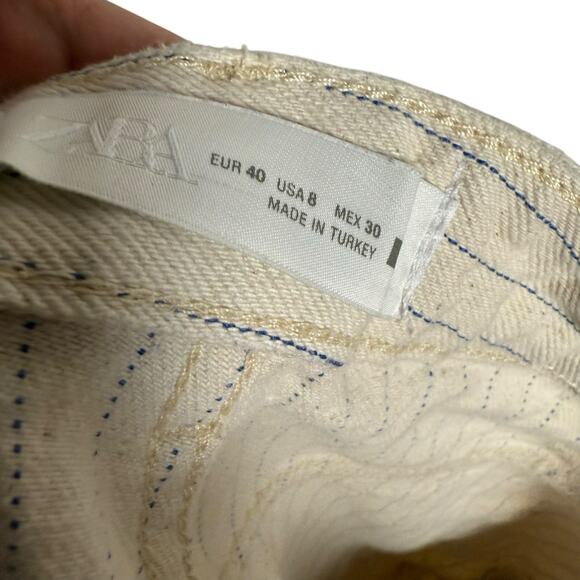 Zara Cream Blue Pinstripe High Rise Straight Leg Denim Jeans Preppy Size 8 - Picture 7 of 8